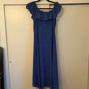Betsey Johnson Blue Polka Dot Dress. Off the shoulder size 8